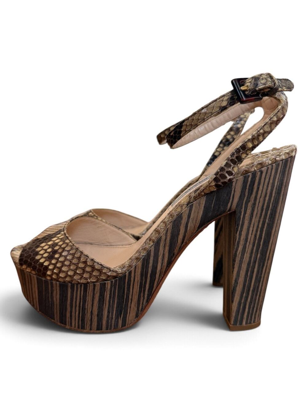 Y2K Prada Snakeskin Platform Sandals 38.5 Exotic Leather Wood Heel Made In Italy